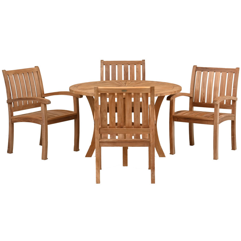 Teak Wood Dining Set Including Round Sun Table With Abacho Arm Chairs, 4