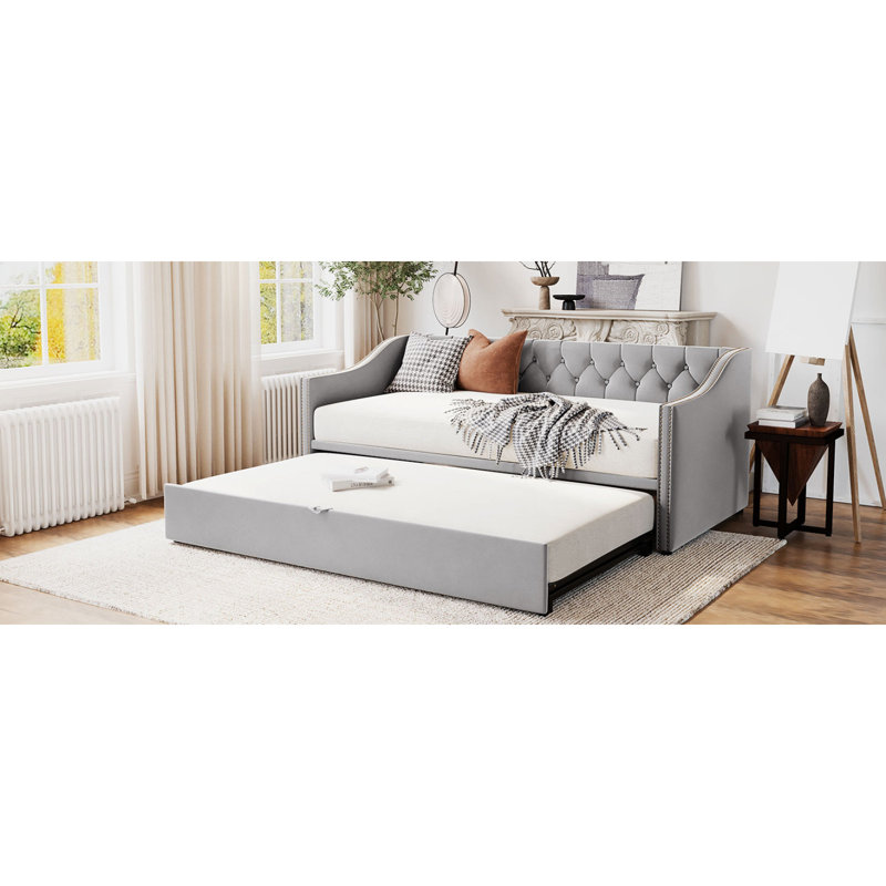 Lit de jour simple tapissier avec couchette escamotable, gris, Gris