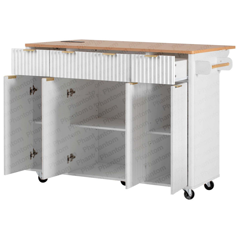 K&K Fluted Kitchen Island With Storage, 55.5" Kitchen Island With Drop Leaf, Power Outlet, 4 Doors And 3 Drawers, Rolling Island Table With Wood-Grain Top, Curved Edge For Kitchen,Dining Room White