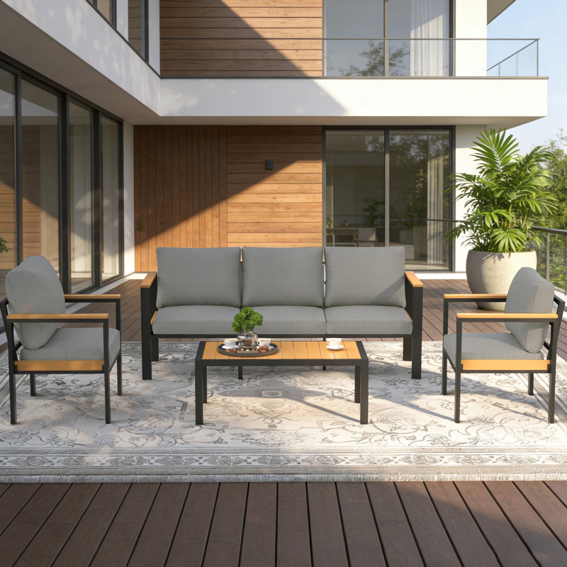 4PCS Patio Furniture Set, All-Weather Aluminum Outdoor Conversation Set With Coffee Table, Gray