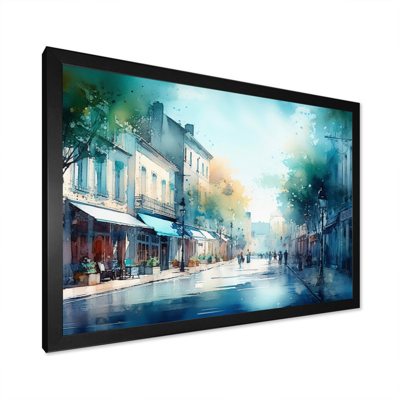 «Blue and Green French Small Town», reproduction d'art sur toile, Cadre photo noir, H 34 po x l 44 po x P 1,5 po