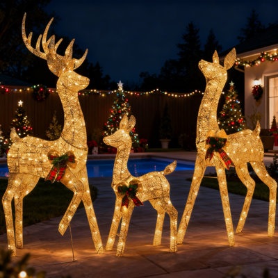 Ensemble de 3 cerfs lumineux illuminés, décorations de Noël pour l'extérieur 60 "/ 48" / 32 "renne doré avec 300 lumières DEL blanc chaud, cerf de Noël en ficelle de coton avec nœuds, décor de Noël pour l'extérieur