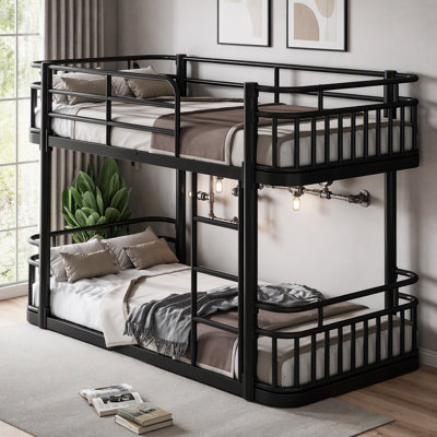 Lit superposé simple au-dessus de simple TG avec échelles et garde-corps, structure en métal à tuyaux ronds améliorée, élégant et polyvalent pour toutes les pièces, adolescents et adultes, noir
