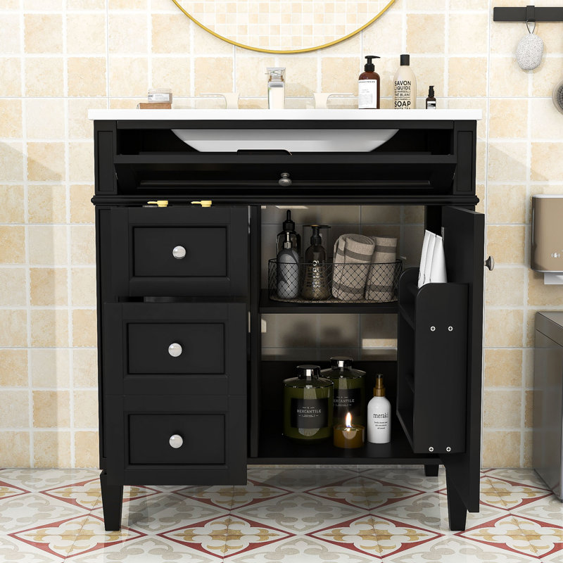 Meuble-lavabo simple autoportant contemporain avec lavabo en céramique et grand rangement Contemporary