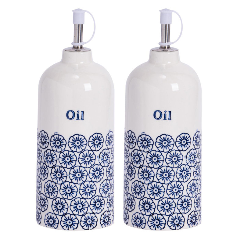Nicola Spring Hand-Printed Olive Oil Pourer Bottles - 500ml - Navy - Pack of 2