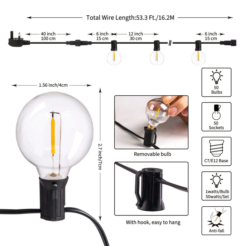 Aliosman 1620cm 50 - Bulb Festoon Lights String Light (End to End Connectable)