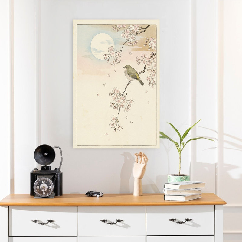 Printemps, lune, oiseau, fleurs, délicat, paisible, oiseau cerise, nature, printemps, art mural, H 24 po x l 16 po