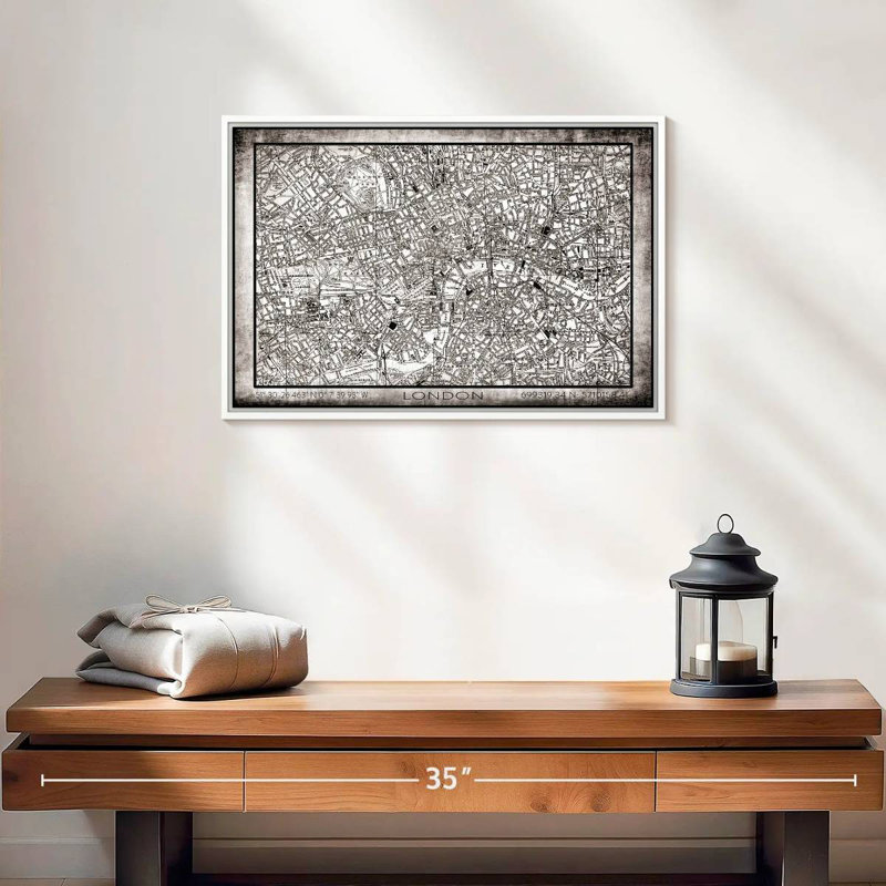City Map Of London Grunge, Floating Frame White, 19" X 13"