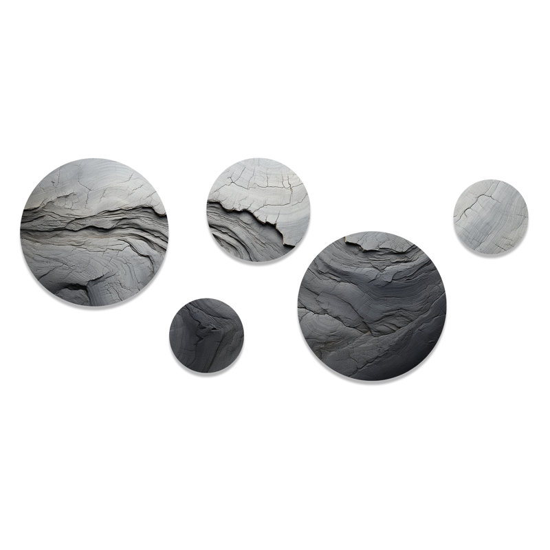 Gris et blanc pierre rivière III - ensemble abstrait d'art mural rond de 5