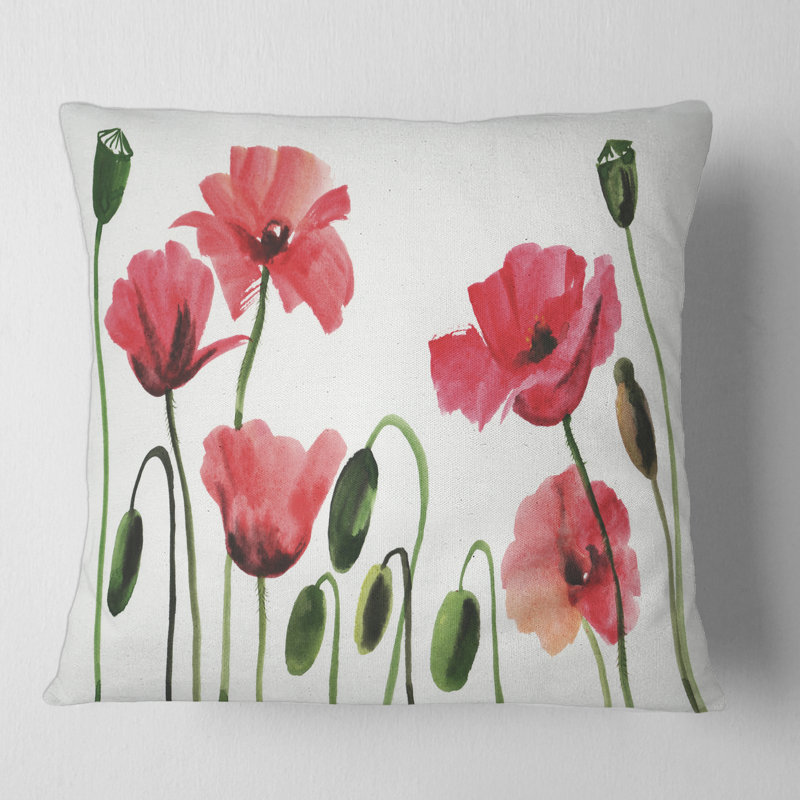 Coquelicots rouges rétro - oreiller traditionnel imprimé, 18" x 18"