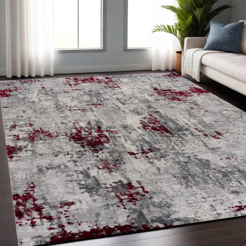 Red and Gray Abstract Area Rug, Rectangle 5' x 8'