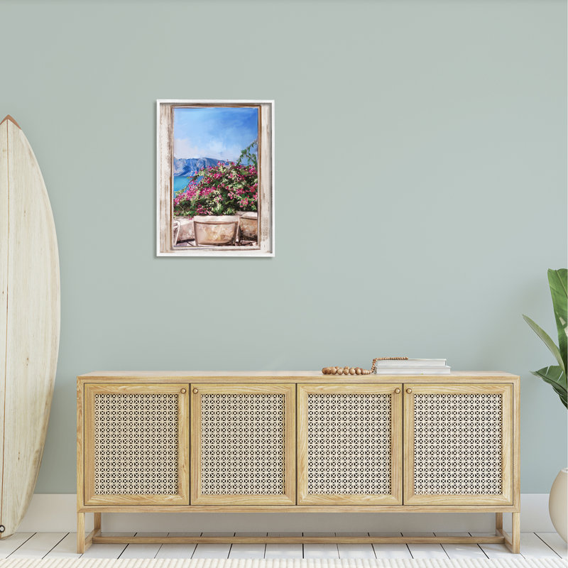 Scène de jardin à travers une fenêtre vue de bord de mer par Ziwei Li - peinture sur bois encadrée