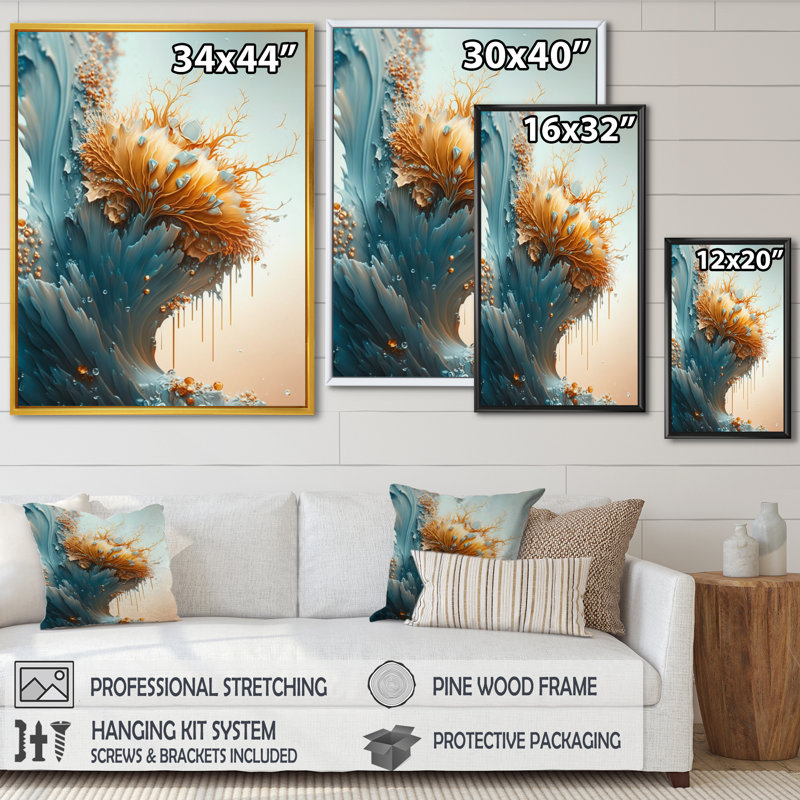«Abstract Blue and Gold Leaves I», reproduction sur toile, H 40 po x l 30 po x P 1,5 po, Toile avec cadre flottant noir