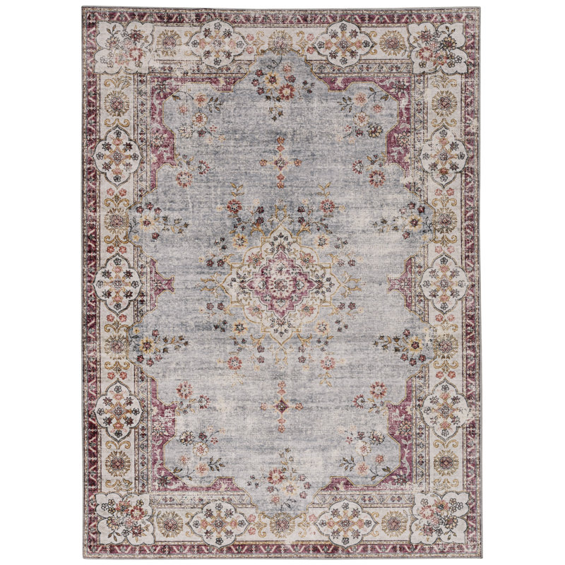 Tapis bleu pâle et ivoire lavable à la machine Delacroy, Rectangulaire 3 pi x 5 pi
