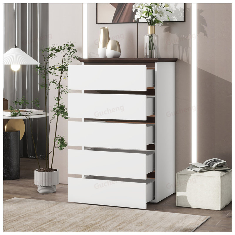 Commode de chambre à 5 tiroirs en noyer avec un design moderne et beaucoup de rangement pour la vie organisée