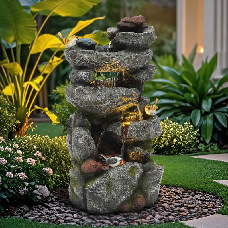 31.5"H 4-Tier Cascading Rock Water Fountain Outdoor Garden Waterfall with Lights
