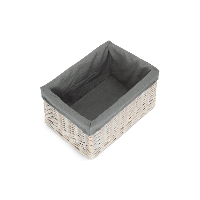 Wicker Storage Basket with Lining, White Wash/Grey, 19cm H x 37cm W x 24cm D