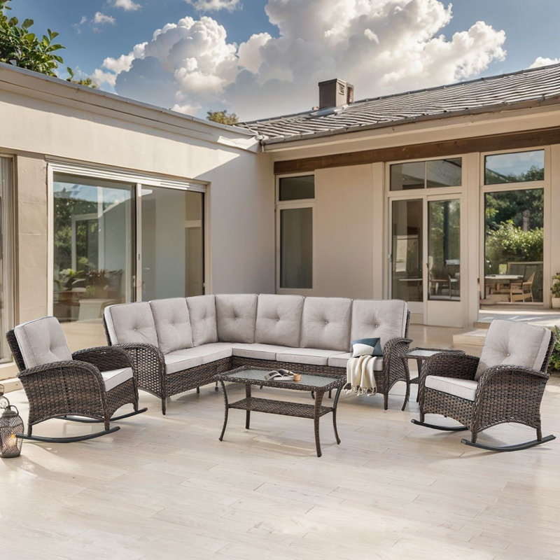 Valierius L-Shaped Outdoor Sectional Sofa & 3-Piece Rocking Chair Set, PE Wicker, Water-Resistant, Beige