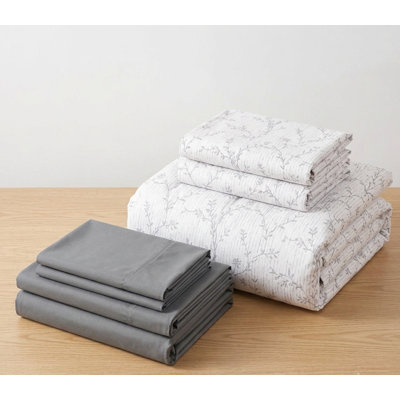 Ensemble de couette 7 pièces en coton naturel à motif floral gris lierre, taille King