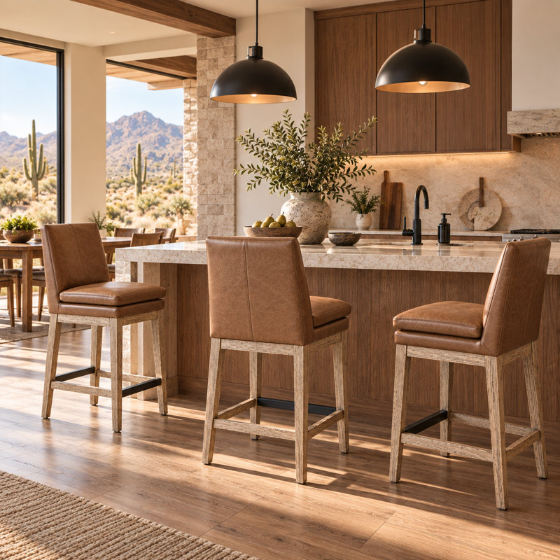 Bethea Genuine Leather Counter Stools, Marseille Saddle, 3