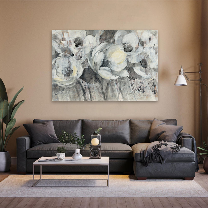 Floral fantaisie contemporaine noir, noir et blanc floral gris pivoine, H 60 po x l 40 po