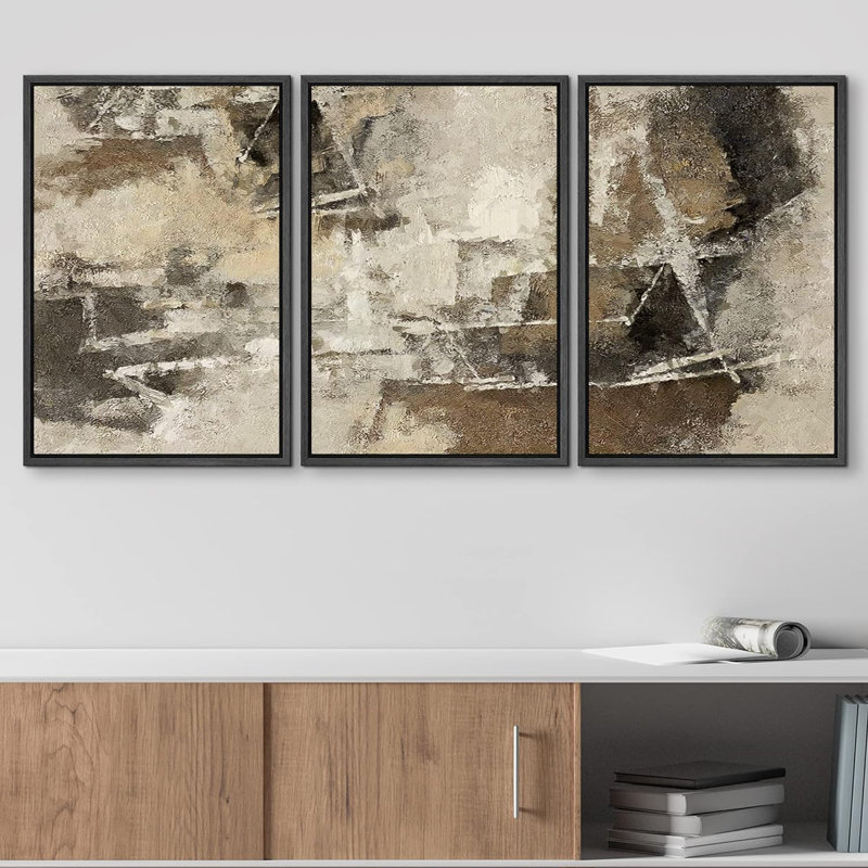 Reproduction d'art moderne sur toile, 3 pièces, H 36 po x l 72 po x P 1,5 po, Cadre flottant noir