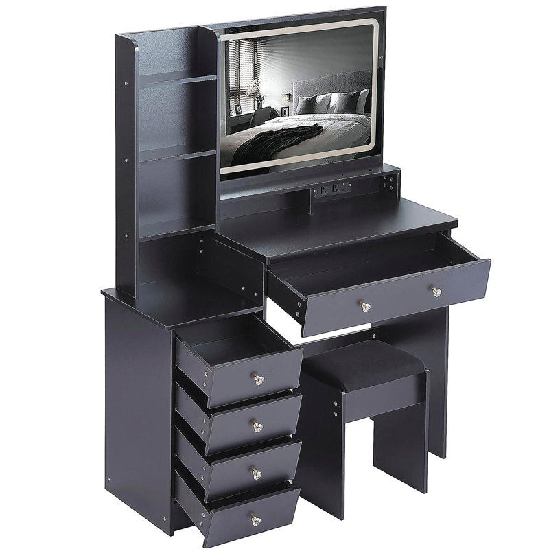 Ensemble de meuble-lavabo de 41 po avec commode gauche de grande taille + ensemble de commode avec tabouret rembourré, 2 centrales AC + 2 USB, support pour séchoir à cheveux, très grand miroir à DEL tactile, interrupteur 3 couleurs, EPA, GCC, certificat UL