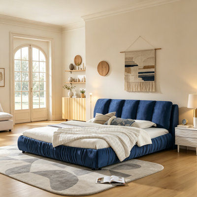 Lit plateforme tapissier avec tête de lit, structure de lit à profil bas et lit de style nuage pour chambre à coucher minimaliste moderne, bleu foncé, très grand