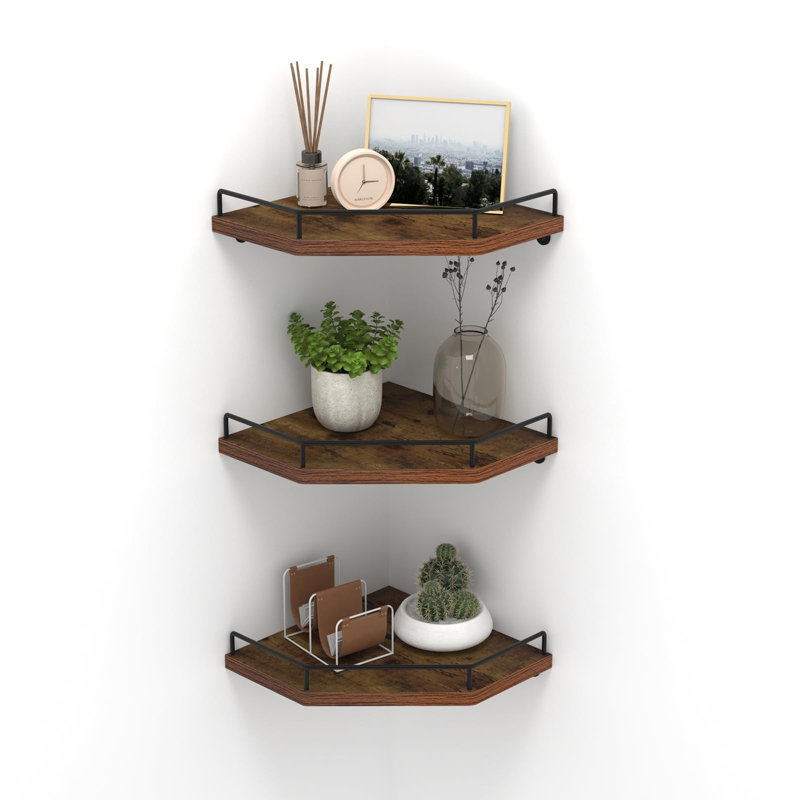 Floating Corner Shelf Wall Mount, 3 Pack Rustic Wood Corner Wall Shelves With Fence For Bedroom, Bathroom, Kitchen, Living Room, Brown