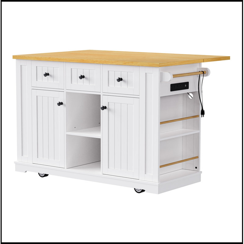 53-Inch Large Kitchen Island with Drop Leaf, Power Outlet, and Ample Storage, Perfect for Efficient Kitchen Organization and Mobility