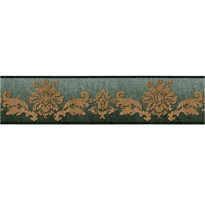 Damask Flourishes Wallpaper Border -  Gold, Green, Black 15' L x 10.25" W