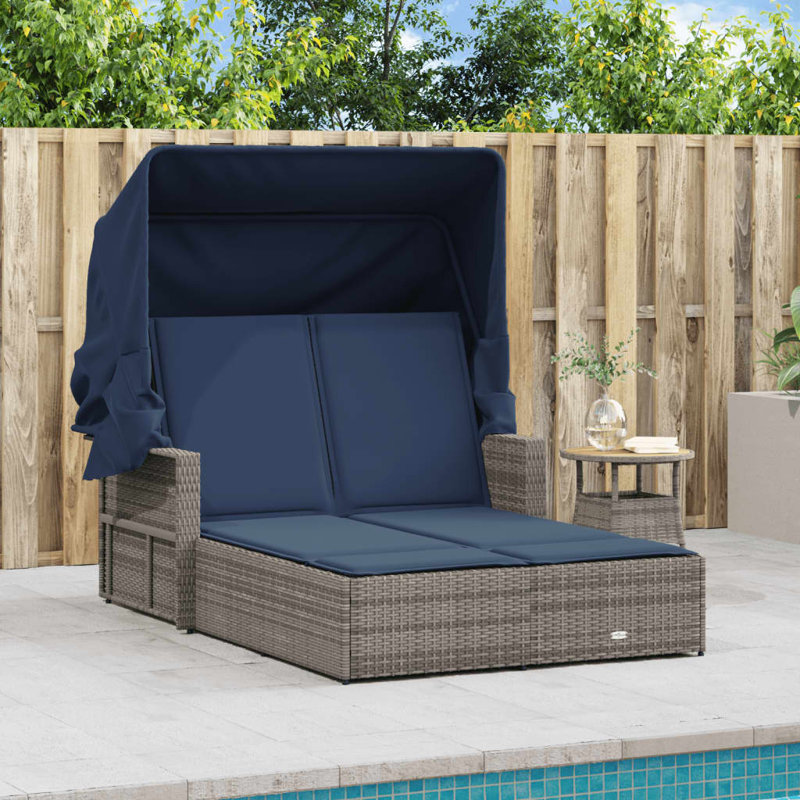 Double méridienne vidaXL avec auvent et coussins, Gris / bleu marine