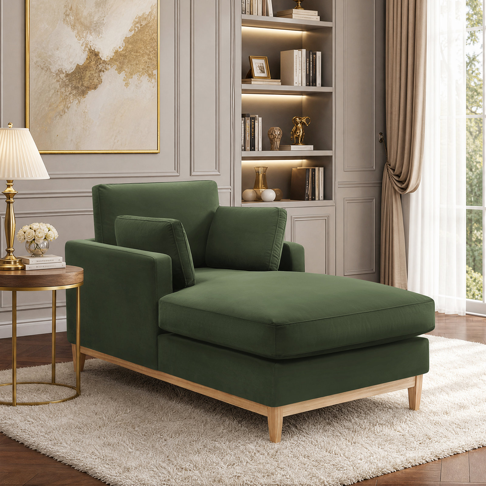 Upholstered Velvet Fabric Chaise Lounge, Kelly Green