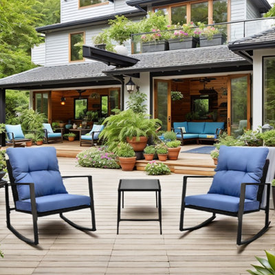3 pièces de mobilier d'extérieur - Patio bleu coussiné avec structure en métal et jardin, pelouse, balcon, piscine