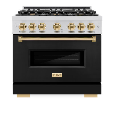 ZLINE Autograph Edition 36 in. 5.2 cu. ft. Classic Dual Fuel Range with 6 Burner Gas Cooktop and Electric Convection Oven in Stainless Steel with Black Matte Door and Accents