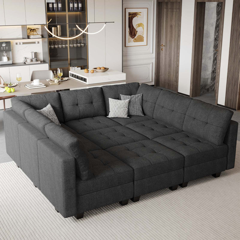 Canapé-lit modulaire 9 pièces Buckleton, Lin gris foncé