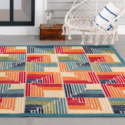 Tapis d'intérieur / extérieur bleu / rouge / orange tissé à la machine à motif géométrique Alkhoury