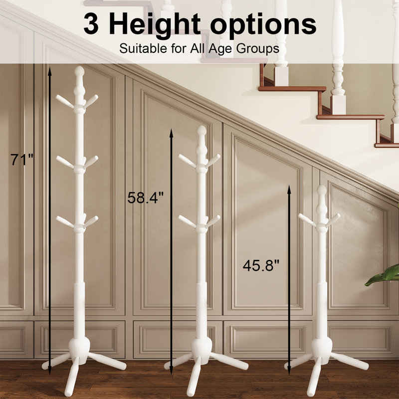 Solid Wood Coat Rack Stand, Vintage Heavy Duty Coat Hanger Stand With 9 Hooks, 3 Adjustable Size, White
