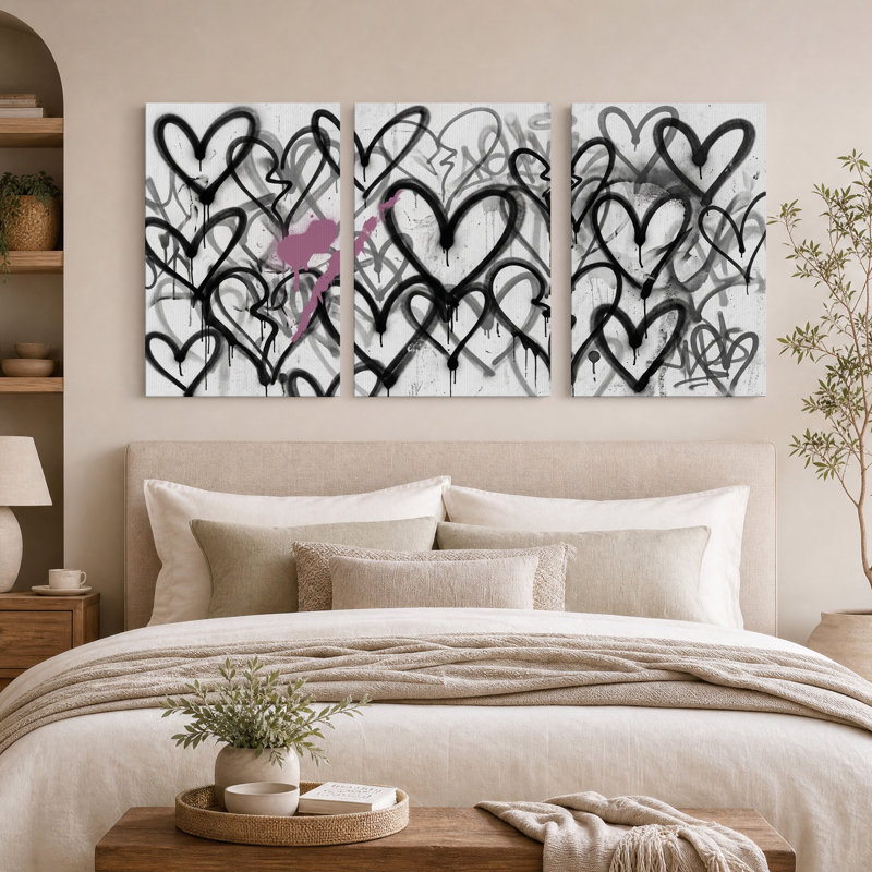 Ensemble de 3 toiles murales avec des cœurs dégoulinants noirs et roses, style graffiti, 36"H x 24"W x 3pcs