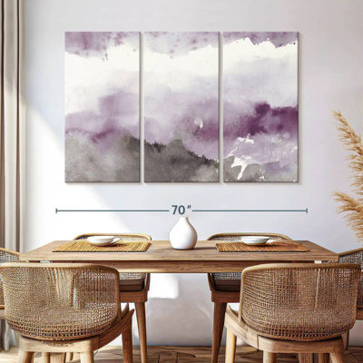 Paysage abstrait, minuit sur le lac, améthyste et gris sur toile, ensemble de 3 pièces