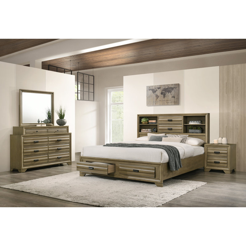 Dwain Solid Wood Piece Bedroom Set, King, 4 Pcs: Bed, Nightstand, Dresser, Mirror