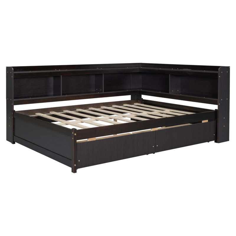 Lit en forme de L avec bibliothèques avec prises de courant, ports de chargement USB, deux tiroirs, Lit double, Espresso