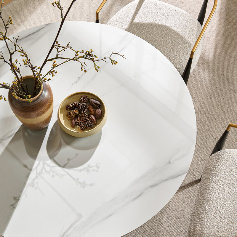 Table de salle à manger ronde 42 po en faux marbre avec base cannelée en bois, Blanc, H 30 po x L 42 po x l 42 po