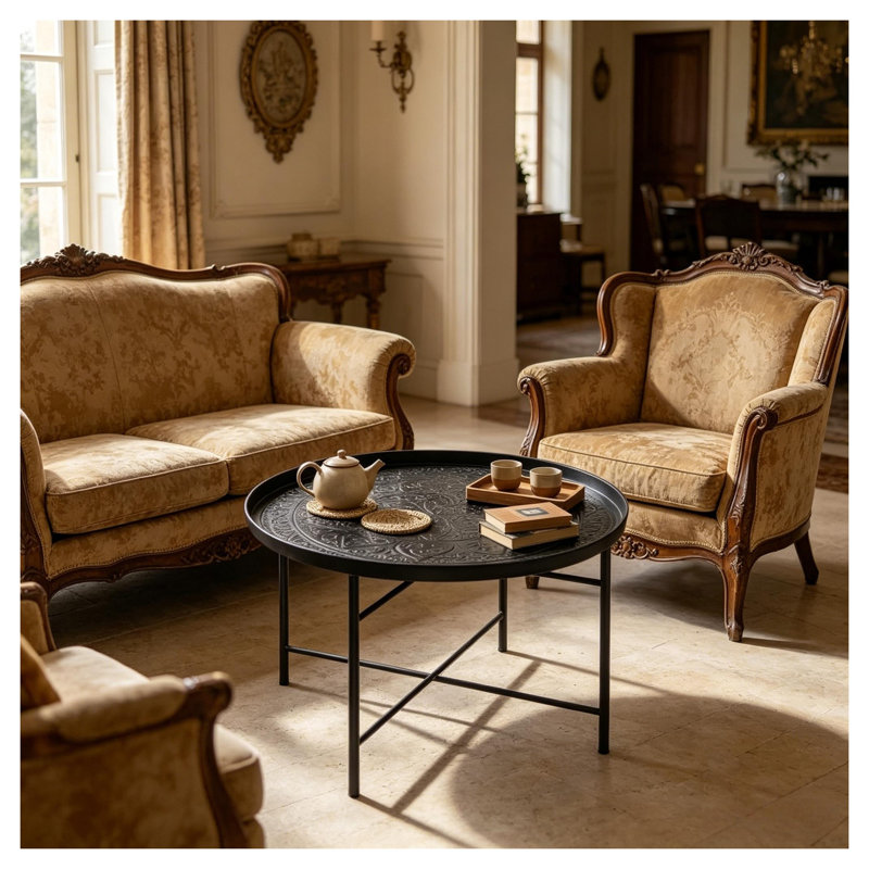 Table ronde en métal avec motif floral martelé, table d'appoint ou table basse au fini brossé noir