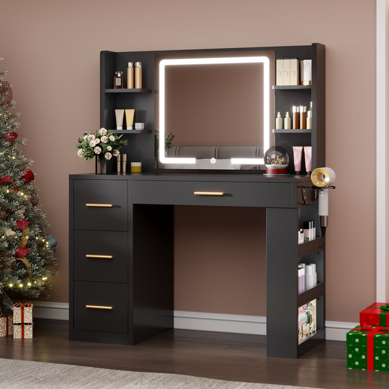 Coiffeuse 39,3 "avec miroir à DEL, 4 tiroirs, 7 tablettes de rangement ouvertes, Blanc