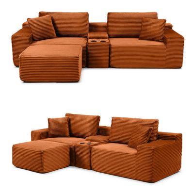 Canapé modulaire en L avec ports USB et rangement, canapé-lit en velours côtelé à assise profonde, canapé-lit avec porte-gobelets et repose-pieds, aucun assemblage requis pour le salon