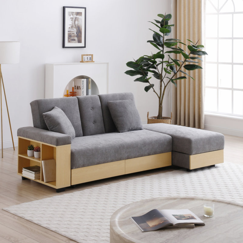 Convertible Sleeper Sofa Couch,Multifunctional Double Folding Sofa Bed,Storage Ottoman And Sofa Arm With  Box And Drawer, Drop Down Table With 2Cup Holders For Living Room,Apartment,Office,Grey