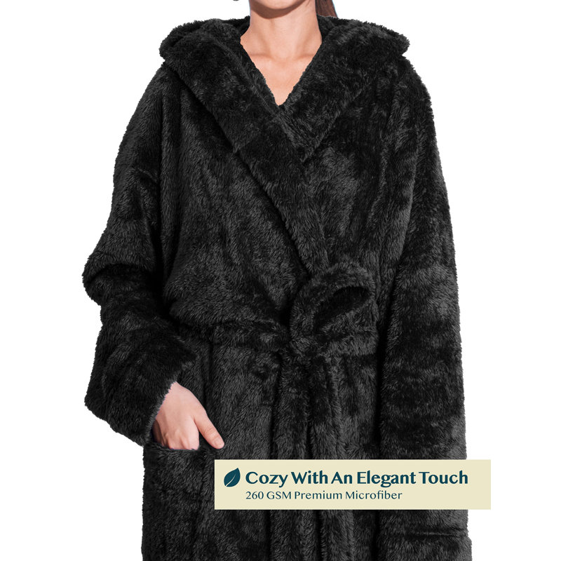 Large-X-Large Black Hooded Fleece Bathrobe with Pockets