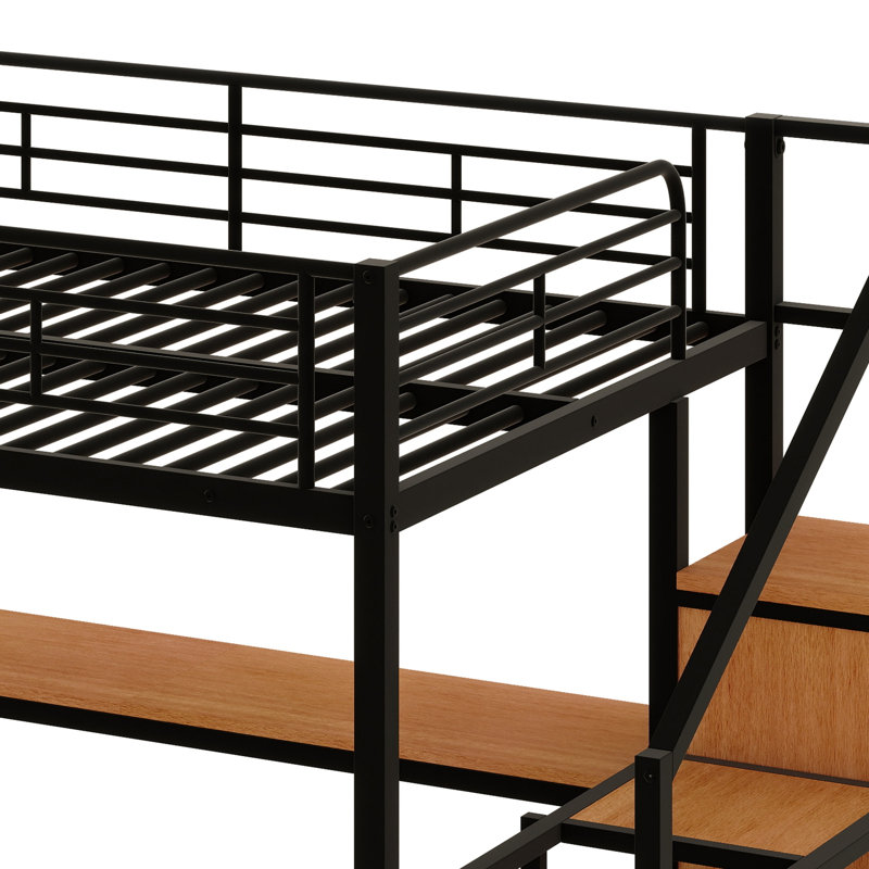 Aribella Full Size Metal Loft Bed With Desk, Storage Staircase And Small Wardrobe, Black
