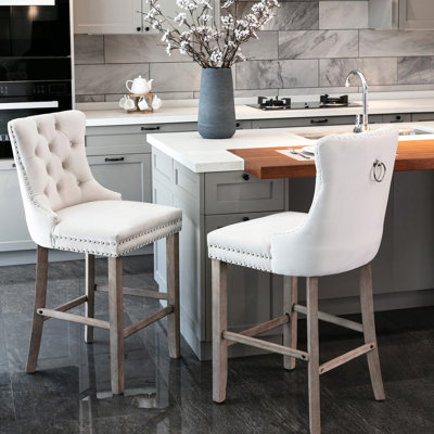 Chaises de bar rembourrées en velours de luxe, capitonnage à boutons, pieds en bois massif, dossier haut, 2 beige pour le mobilier de salle à manger et confort Mid-Century avec structure en bois, beige, de 2